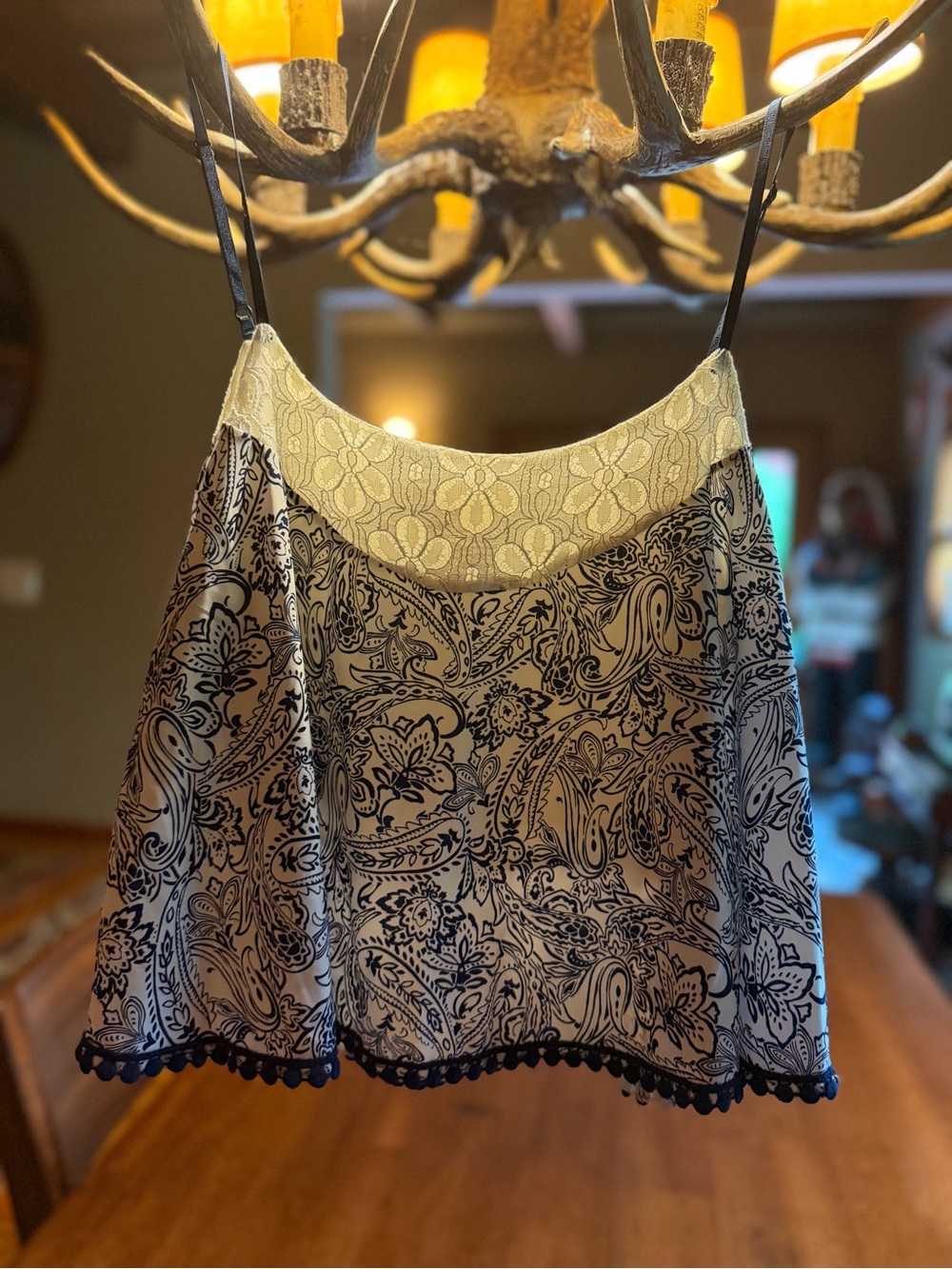 Miin Navy & Cream Paisley Lace-Trim Cami Crop 2 Layer Blouse Top